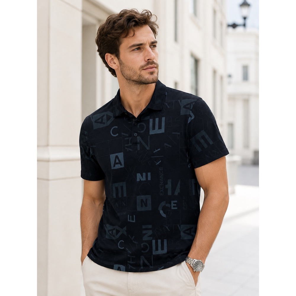 Armani Exchange Polo Shirt Mens M Black Logo Print Designer Quiet Luxury